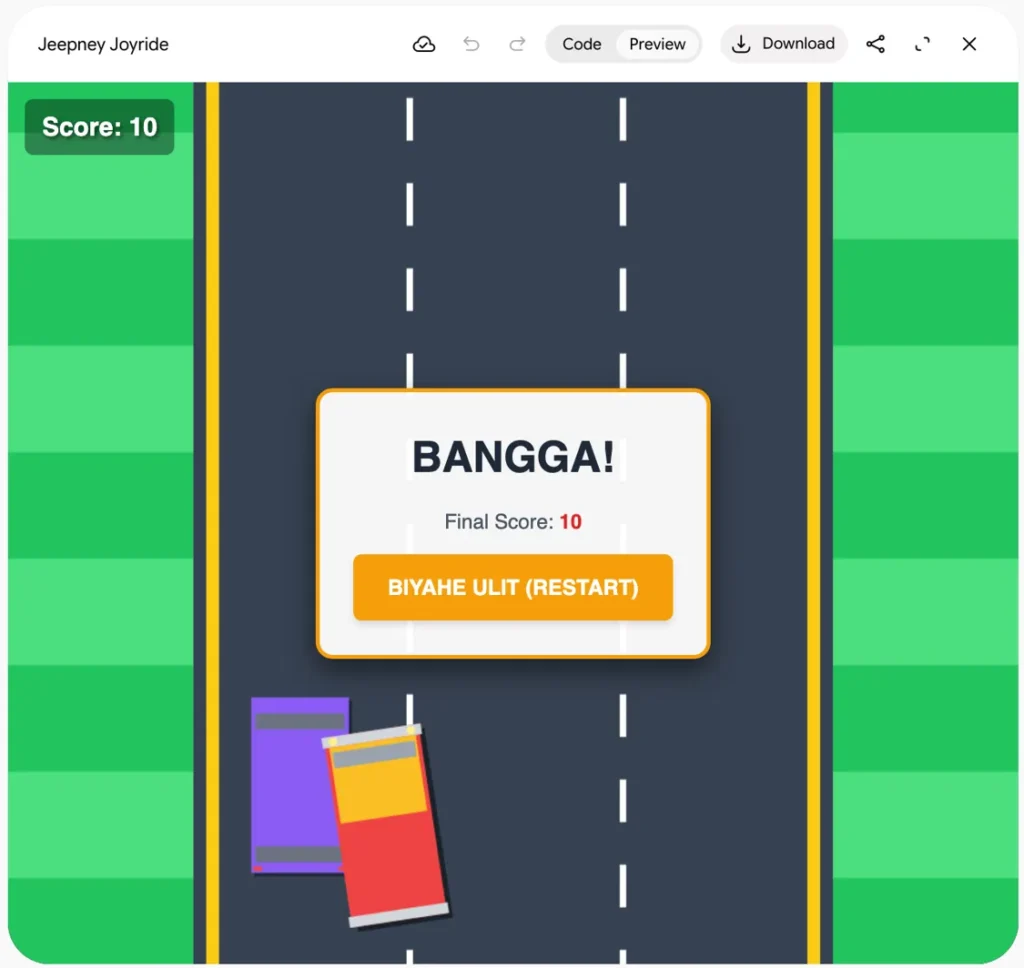 Jeepney Joyride, a game made in Gemini Canvas, showing a crashed jeepney and a BANGGA! game-over screen.